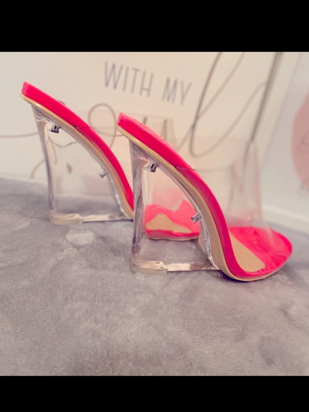 Clear Wedge Slide Sandals with Hot Pink Trim - Women